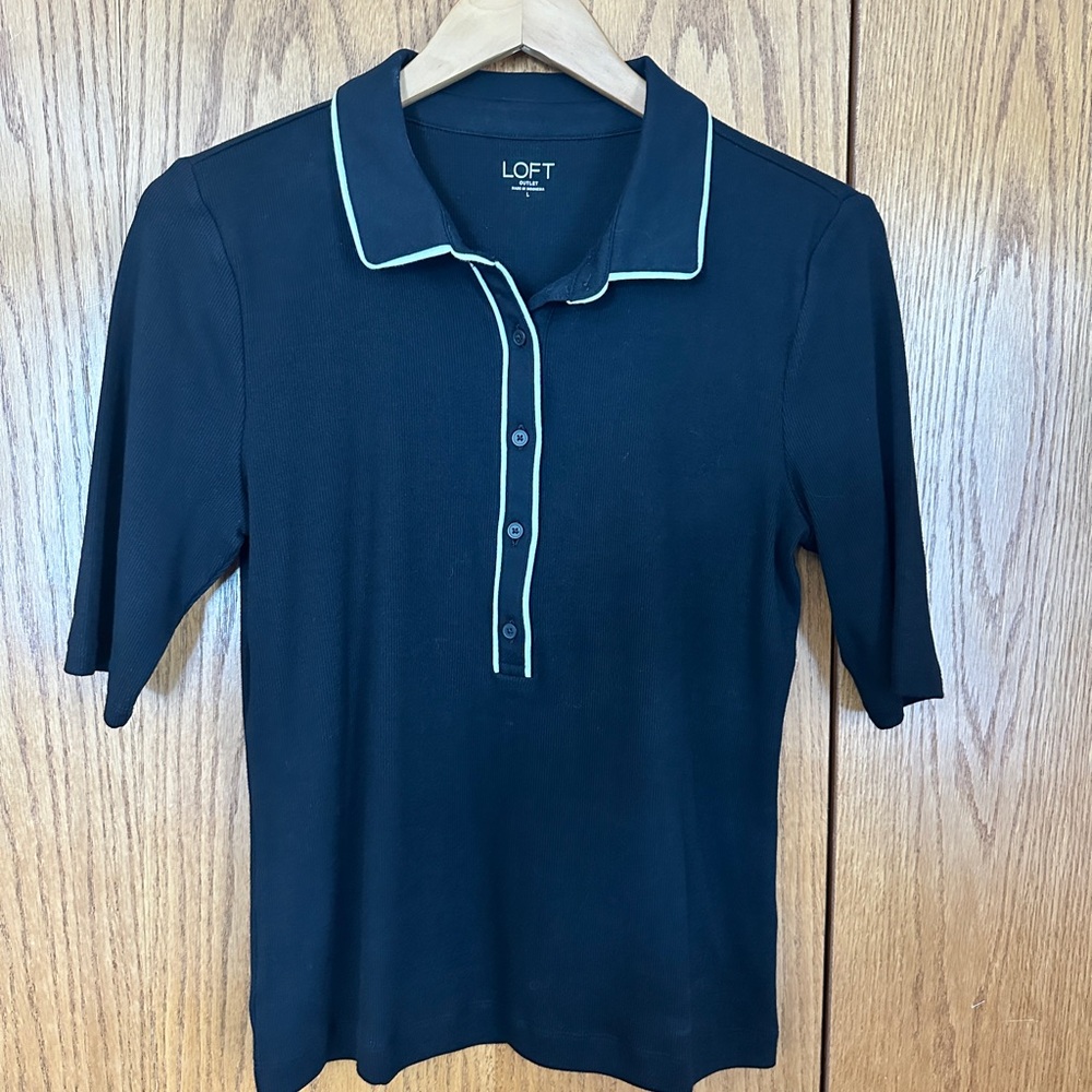 LOFT Black Polo Top with White Trim